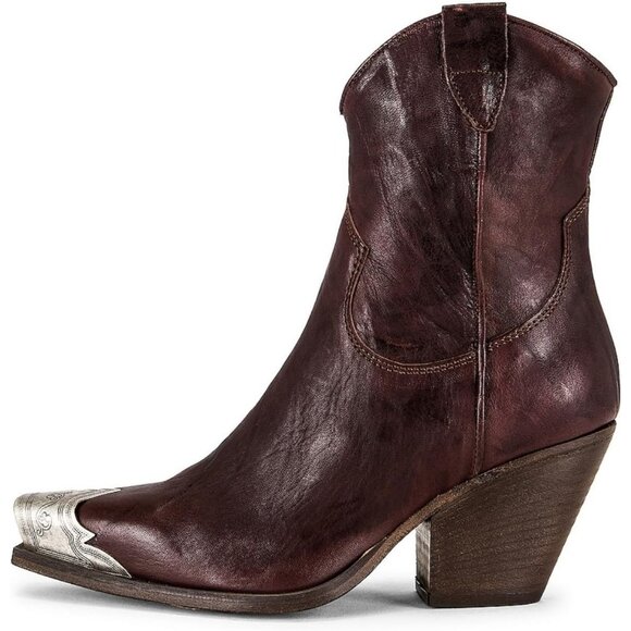 Shoes - Women's Brown Western Cowgirl Ankle Boots Stacked Block Heel Steel Toe Heeled